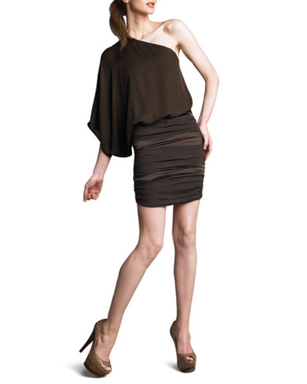 Alice + Olivia Brown Russo One-Shoulder Silk Dress Medium